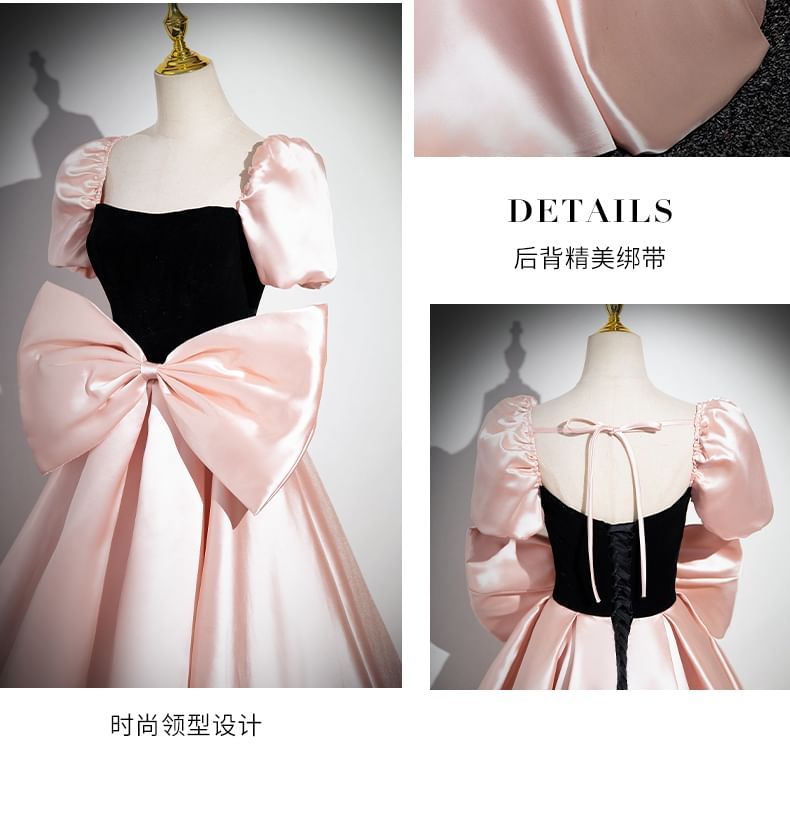 Short-Sleeve Square Neck Two Tone Bow Panel Satin A-Line Evening Gown SpreePicky