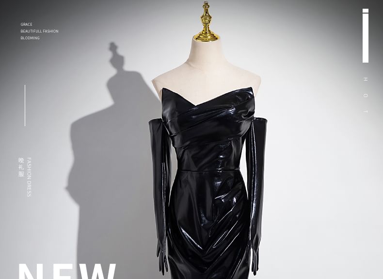 Set: Plain Ruched Faux Leather Mermaid Tube Evening Gown + Gloves SpreePicky