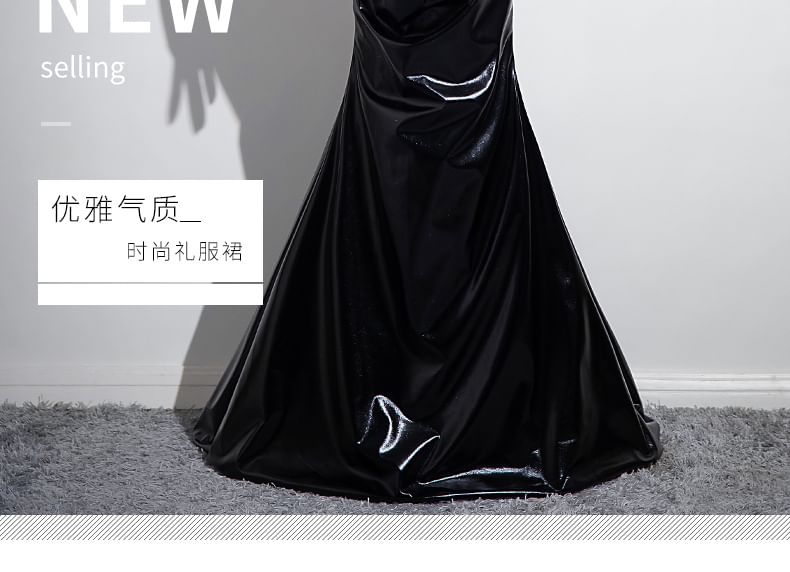 Set: Plain Ruched Faux Leather Mermaid Tube Evening Gown + Gloves SpreePicky