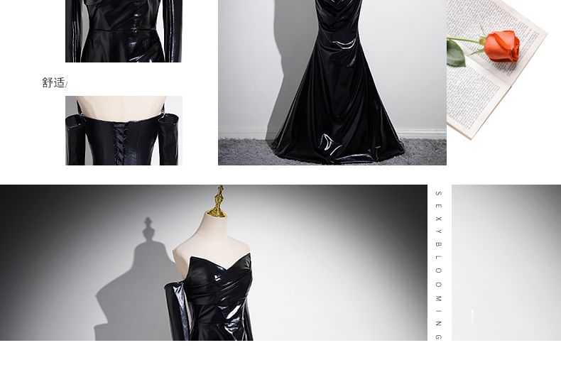 Set: Plain Ruched Faux Leather Mermaid Tube Evening Gown + Gloves SpreePicky