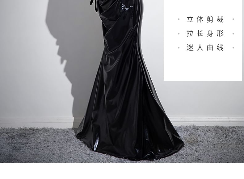 Set: Plain Ruched Faux Leather Mermaid Tube Evening Gown + Gloves SpreePicky