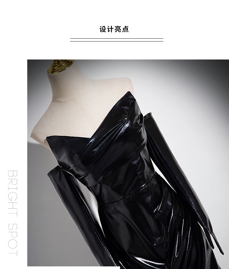 Set: Plain Ruched Faux Leather Mermaid Tube Evening Gown + Gloves SpreePicky