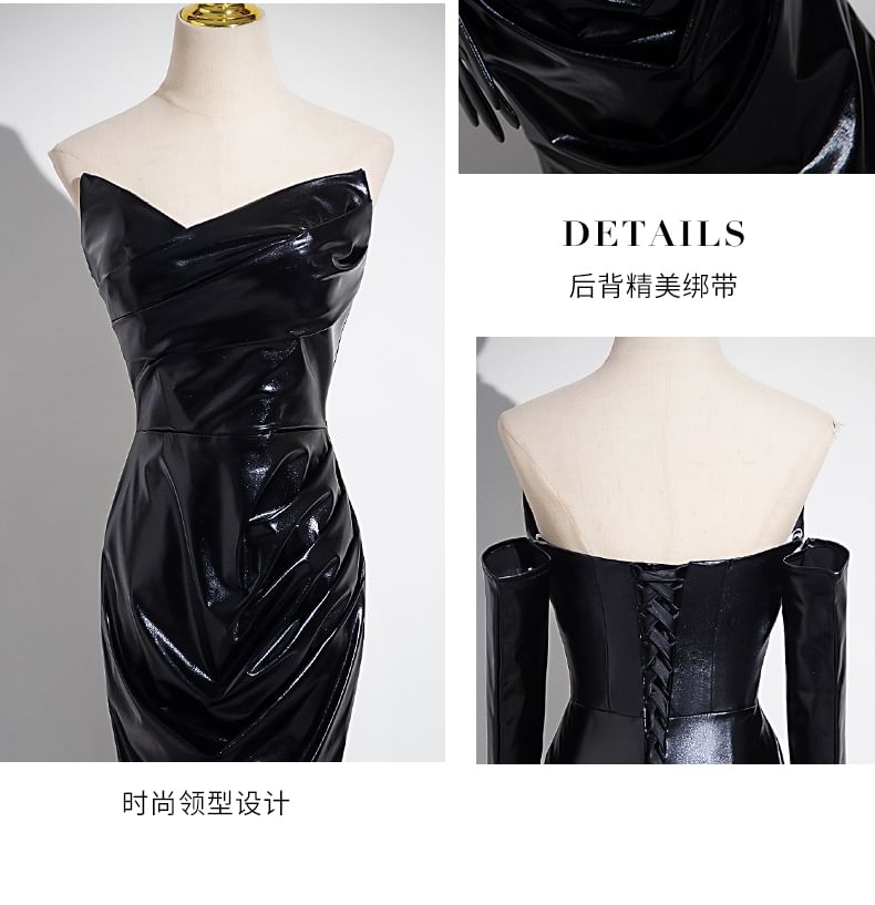 Set: Plain Ruched Faux Leather Mermaid Tube Evening Gown + Gloves SpreePicky