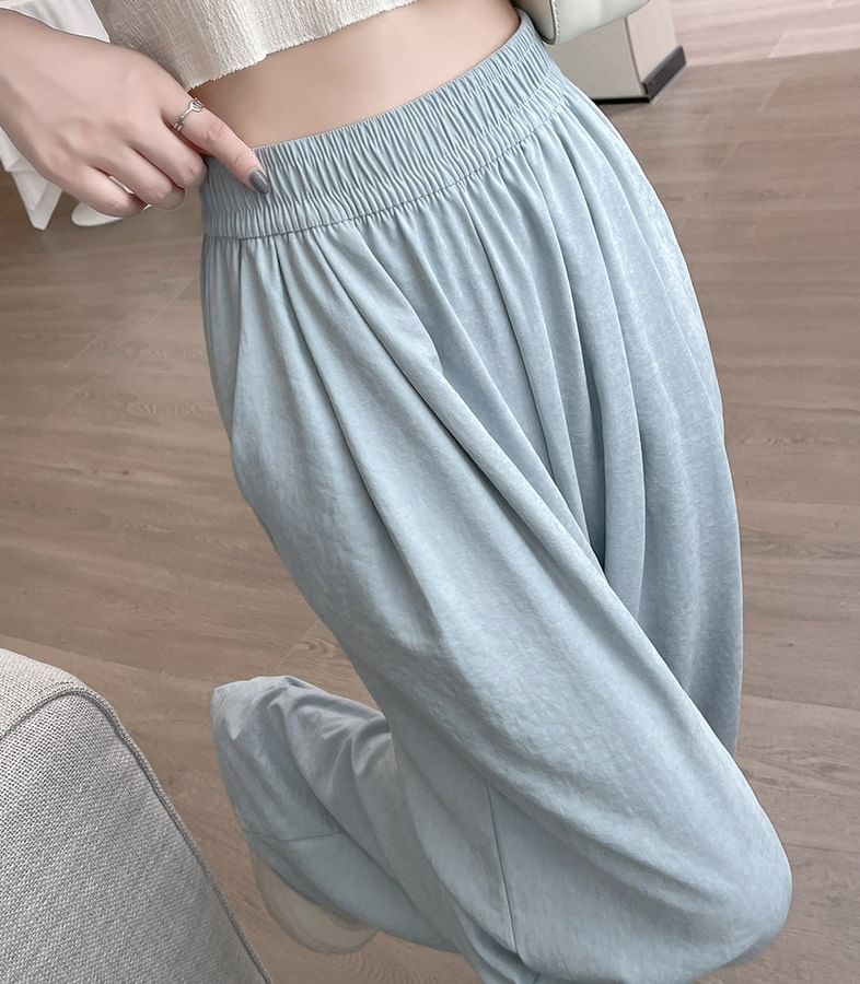 High Waist Wide Leg Plain Elastic Waist Pants SpreePicky