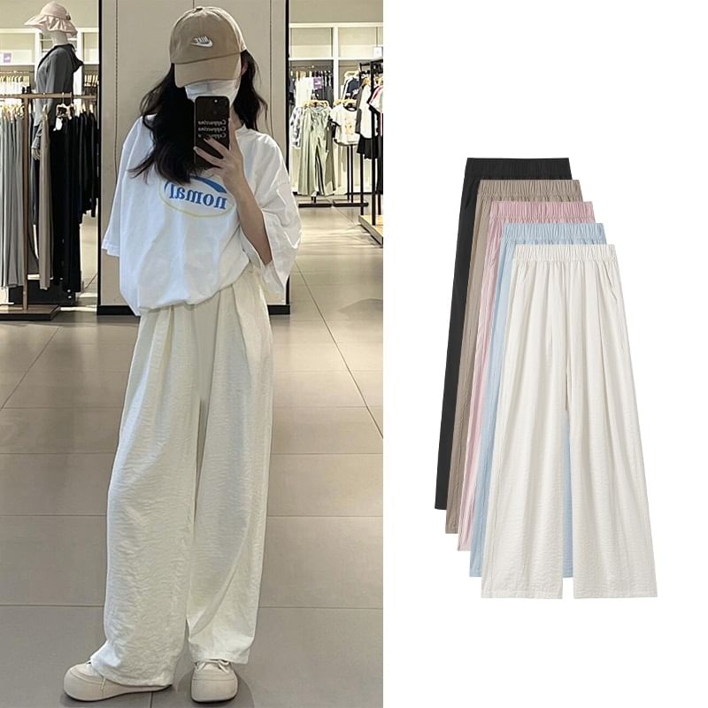 High Waist Wide Leg Plain Elastic Waist Pants SpreePicky