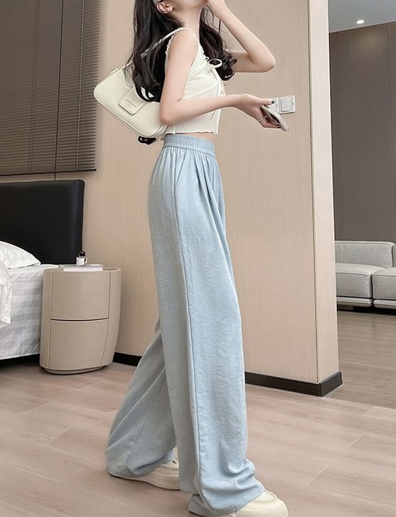 High Waist Wide Leg Plain Elastic Waist Pants SpreePicky