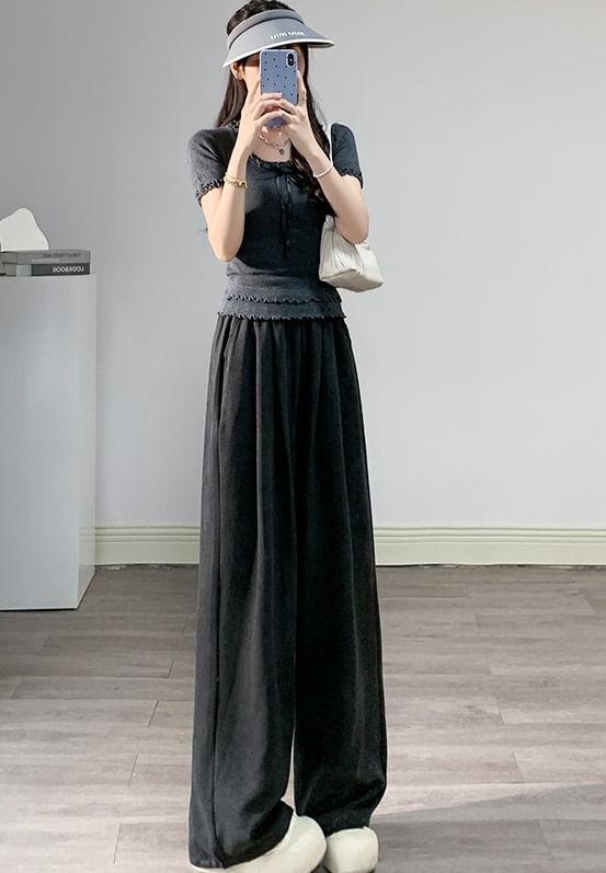 High Waist Wide Leg Plain Elastic Waist Pants SpreePicky