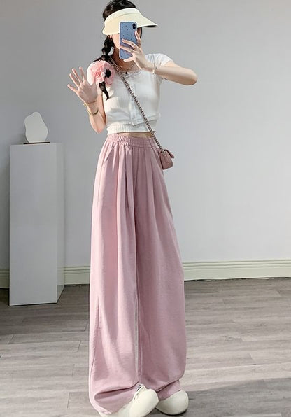 High Waist Wide Leg Plain Elastic Waist Pants SpreePicky