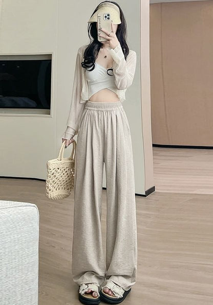 High Waist Wide Leg Plain Elastic Waist Pants SpreePicky