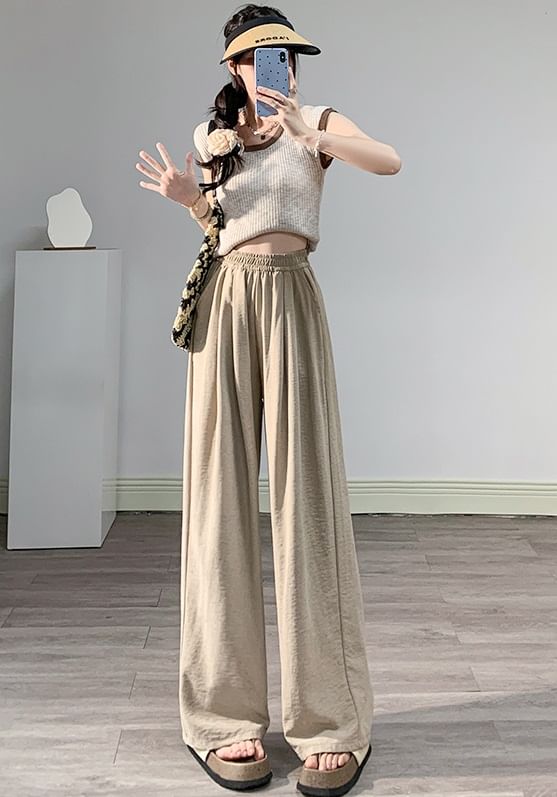 High Waist Wide Leg Plain Elastic Waist Pants SpreePicky