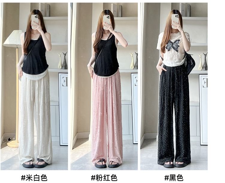 Rhinestone Applique High Waist Torn Wide Leg Drawstring Pants SpreePicky