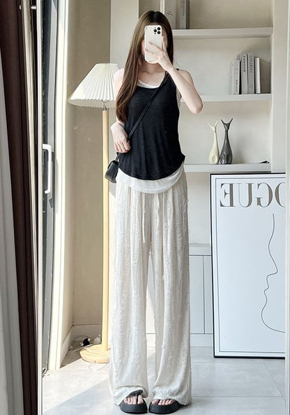 Rhinestone Applique High Waist Torn Wide Leg Drawstring Pants SpreePicky