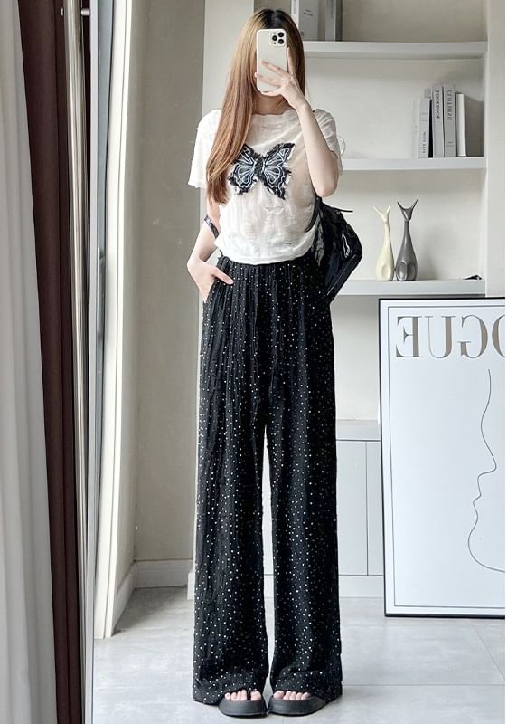 Rhinestone Applique High Waist Torn Wide Leg Drawstring Pants SpreePicky