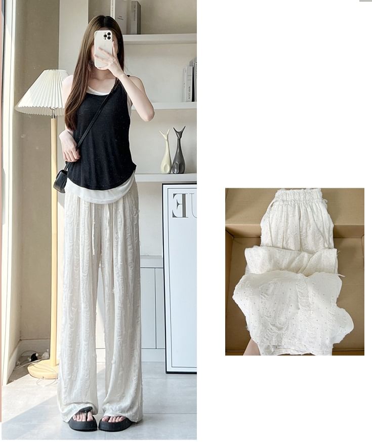 Rhinestone Applique High Waist Torn Wide Leg Drawstring Pants SpreePicky