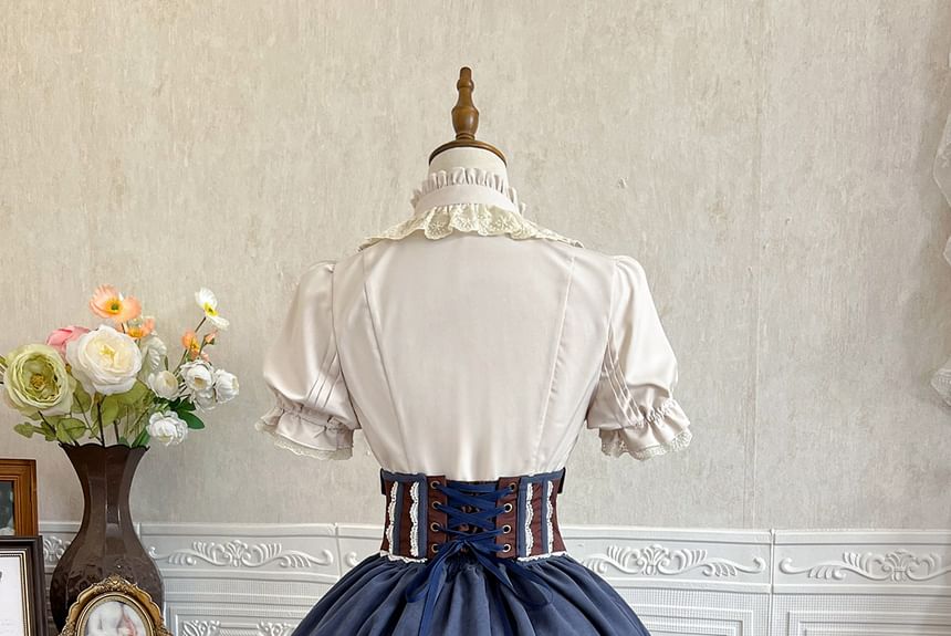 Lolita Puff-Sleeve Plain Lace Trim Ruffle Shirt / Bow Belt / High Waist Graphic Print A-Line Skirt / Set mySite