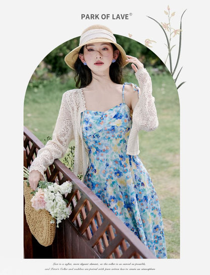 Spaghetti Strap Floral Print Midi A-Line Dress / Plain Cardigan / Set SpreePicky