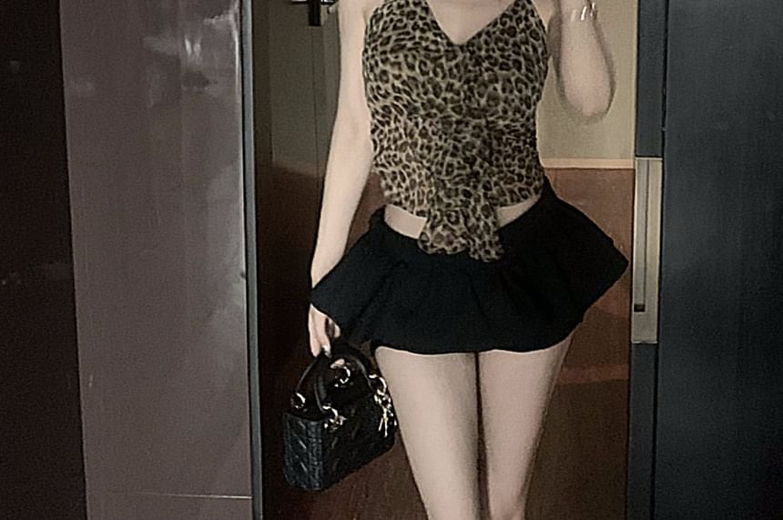 Halter Leopard Print Crop Slim Fit Cami Top SpreePicky