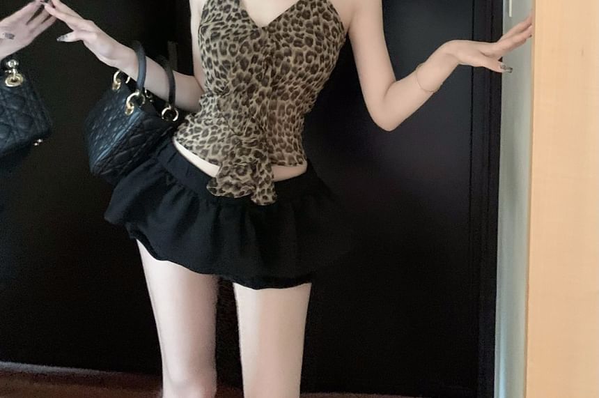 Halter Leopard Print Crop Slim Fit Cami Top SpreePicky