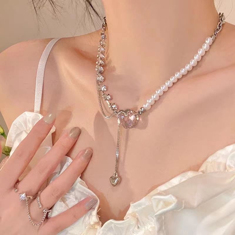 Heart Pendant Rhinestone Faux Pearl Lariat Necklace mySite