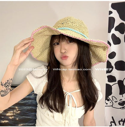 Wide Brim Summer Straw Hat With Blue Band SpreePicky