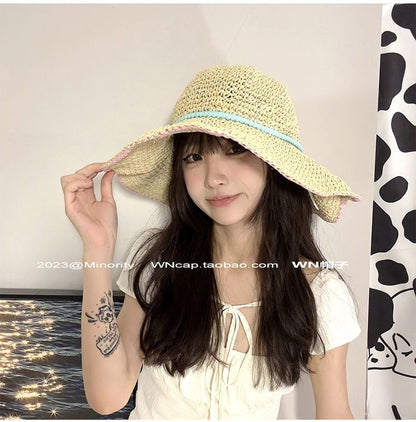 Wide Brim Summer Straw Hat With Blue Band SpreePicky