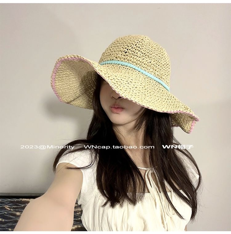 Wide Brim Summer Straw Hat With Blue Band SpreePicky