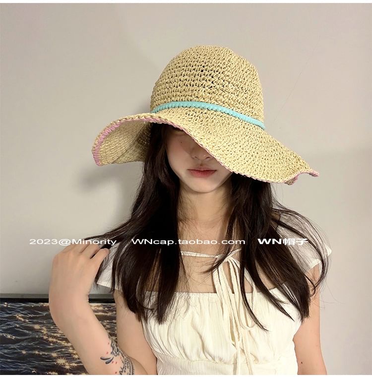 Wide Brim Summer Straw Hat With Blue Band SpreePicky