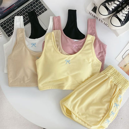 Set: Scoop Neck Bow Embroidered Padded Crop Tank Top + Elastic Waist Sweat Shorts mySite