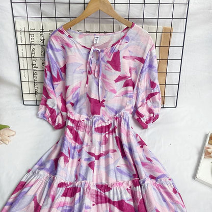 Short-Sleeve Round Neck Patterned Print Tiered Tie Front Midi A-Line Dress mySite