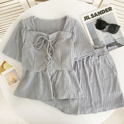 Set: Short-Sleeve Square Neck Plain Lace Up Panel Top + Elastic Waist Shorts mySite