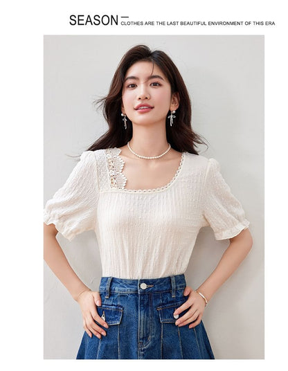 Short Sleeve Square Neck Lace Trimmed Cropped Top SpreePicky