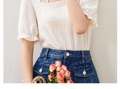 Short Sleeve Square Neck Lace Trimmed Cropped Top SpreePicky