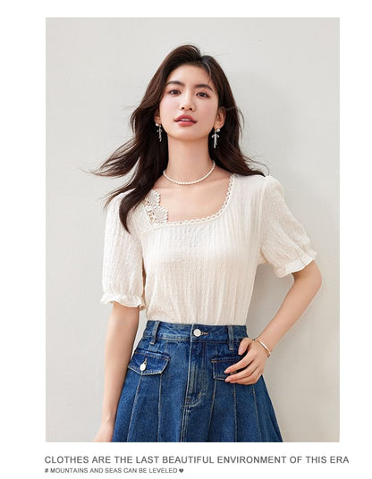 Short Sleeve Square Neck Lace Trimmed Cropped Top SpreePicky