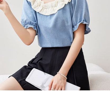 Ruffle Short Sleeve Scoop Neck Denim Top SpreePicky