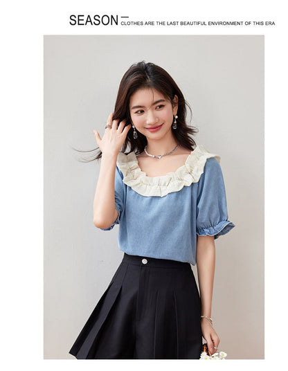 Ruffle Short Sleeve Scoop Neck Denim Top SpreePicky