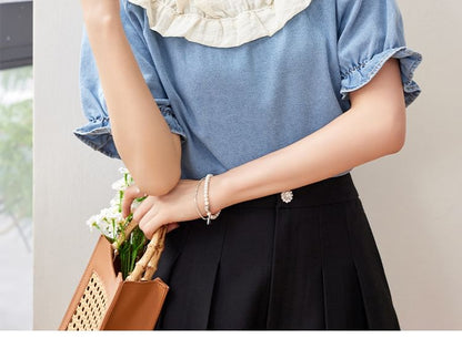 Ruffle Short Sleeve Scoop Neck Denim Top SpreePicky