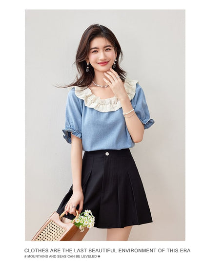 Ruffle Short Sleeve Scoop Neck Denim Top SpreePicky