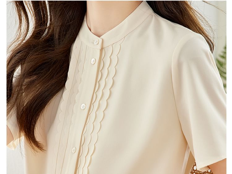 Short Sleeve Stand Collar Ruffle Trimmed Blouse SpreePicky