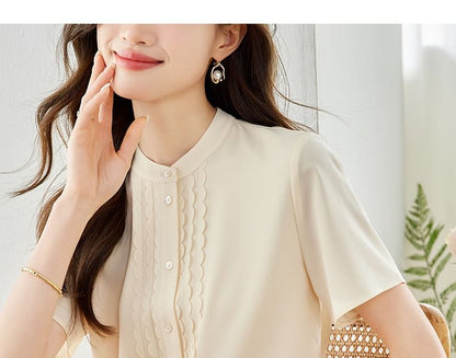 Short Sleeve Stand Collar Ruffle Trimmed Blouse SpreePicky