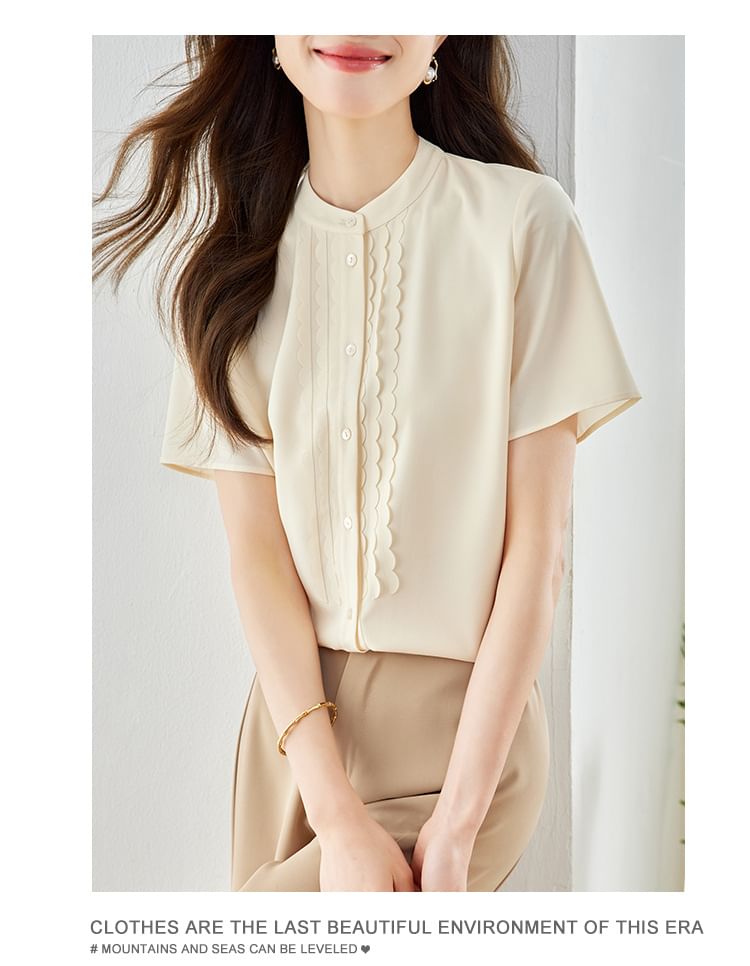 Short Sleeve Stand Collar Ruffle Trimmed Blouse SpreePicky