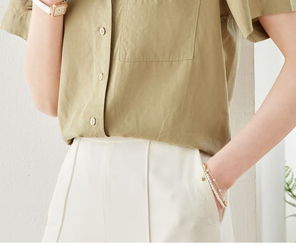 Short Sleeve Lapel Neck Solid Loose Fit Shirt SpreePicky