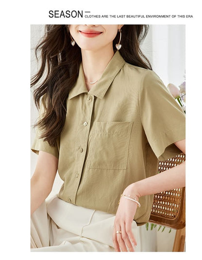 Short Sleeve Lapel Neck Solid Loose Fit Shirt SpreePicky