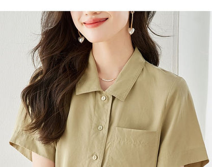 Short Sleeve Lapel Neck Solid Loose Fit Shirt SpreePicky