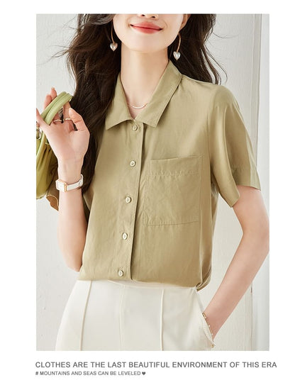 Short Sleeve Lapel Neck Solid Loose Fit Shirt SpreePicky