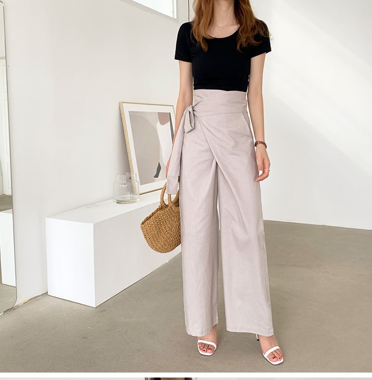 High Rise Plain Tie-Up Wide Leg Pants SpreePicky