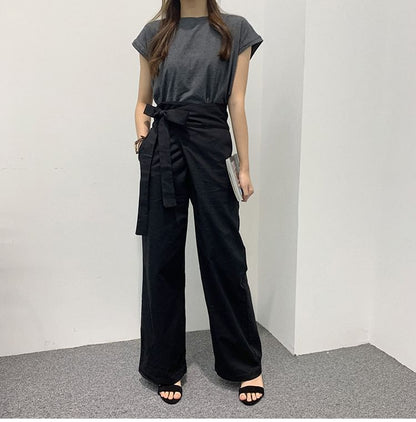 High Rise Plain Tie-Up Wide Leg Pants SpreePicky