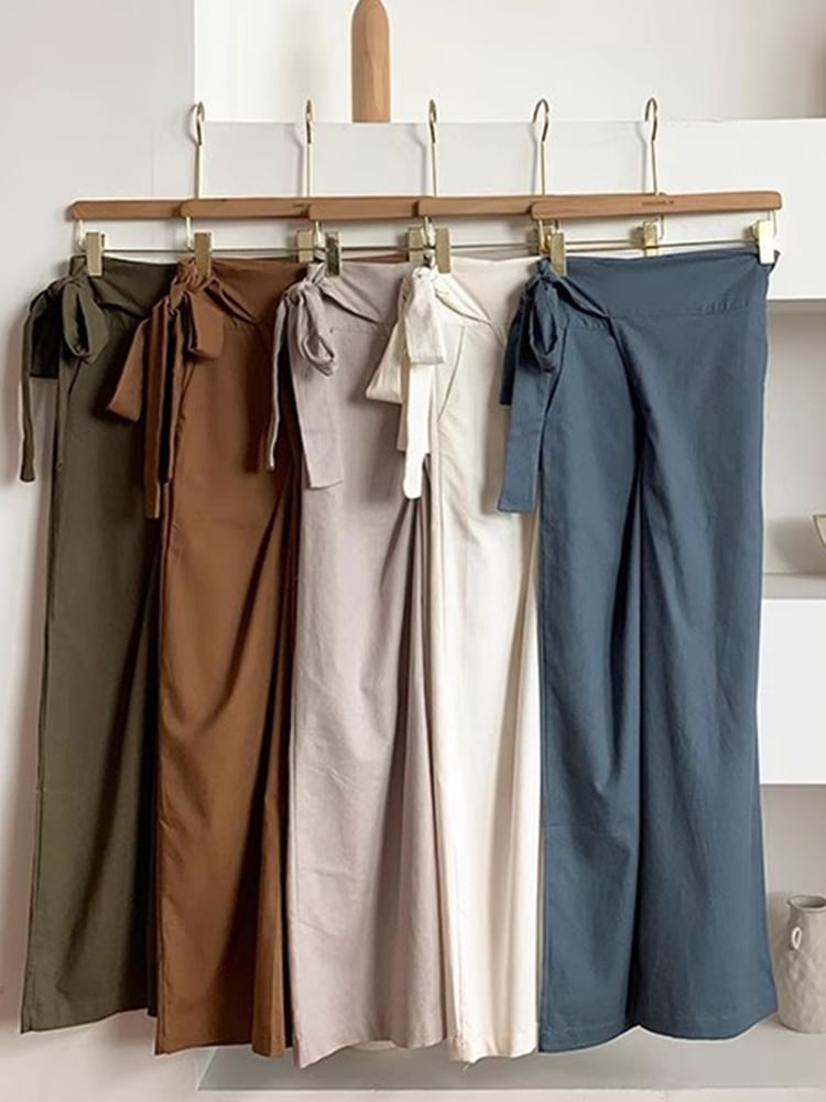 High Rise Plain Tie-Up Wide Leg Pants SpreePicky