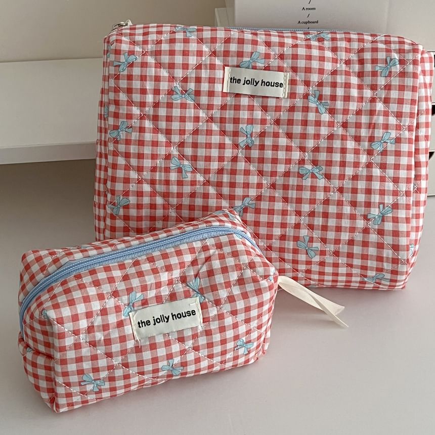 Bow Plaid Fabric Makeup Bag / Clutch / Pencil Case SpreePicky