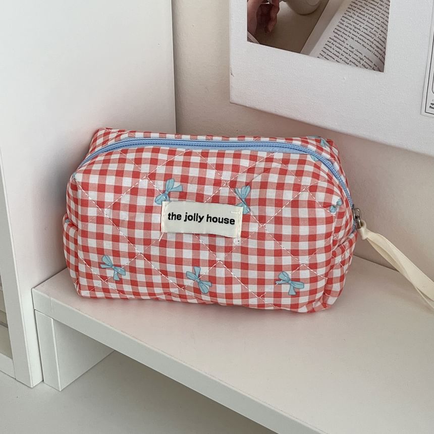 Bow Plaid Fabric Makeup Bag / Clutch / Pencil Case SpreePicky