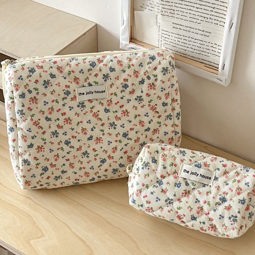 Floral Print Corduroy Pouch / Makeup Bag / Clutch SpreePicky